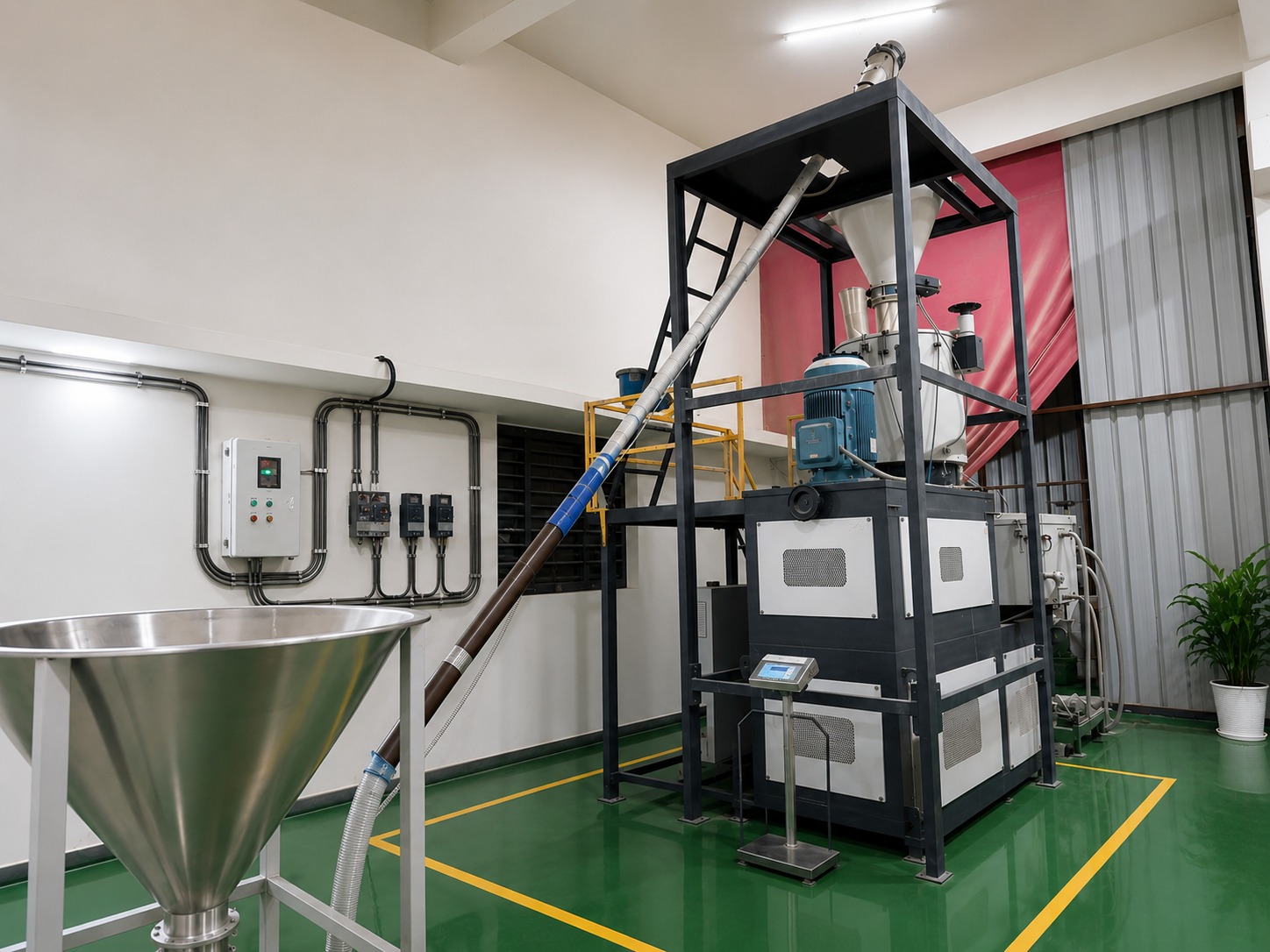 Automated raw-material mixing plant feeding the WorldFlow extrusion lines
