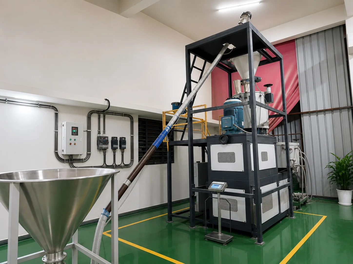 Automated raw-material mixing plant feeding the WorldFlow extrusion lines